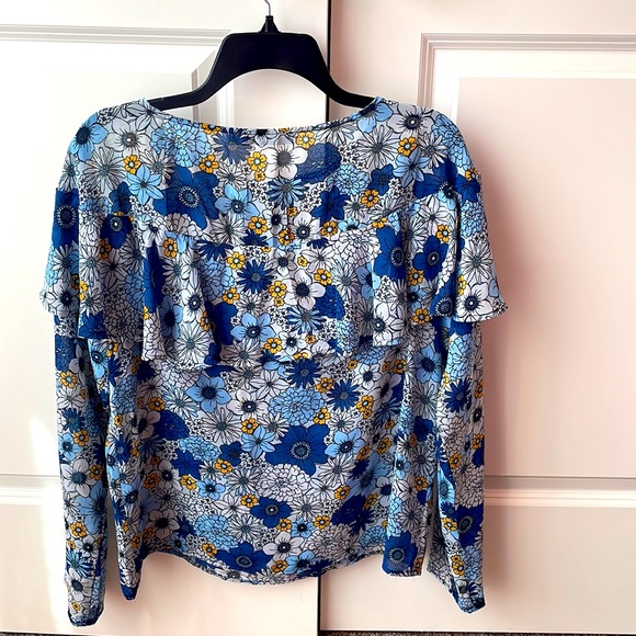 Justfab Blue & Yellow Floral Blouse w/ Ruffle - Picture 2 of 7